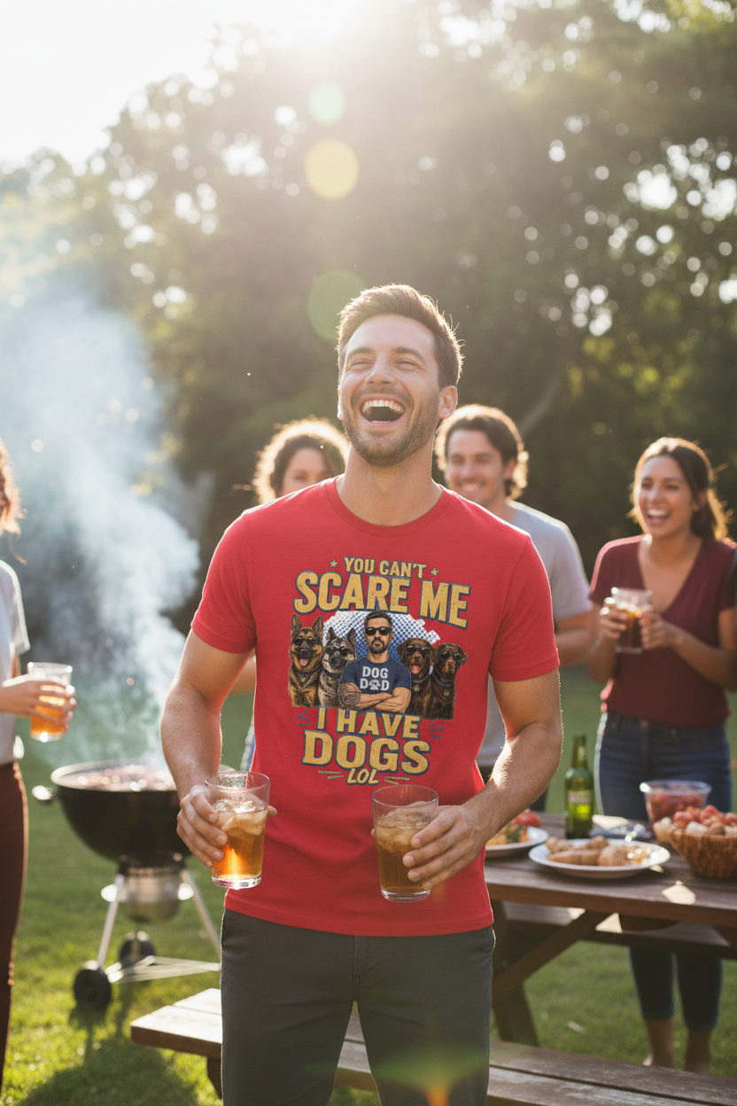 Dog Dad lifestyle mockup - red tee - backyard BBQ setting