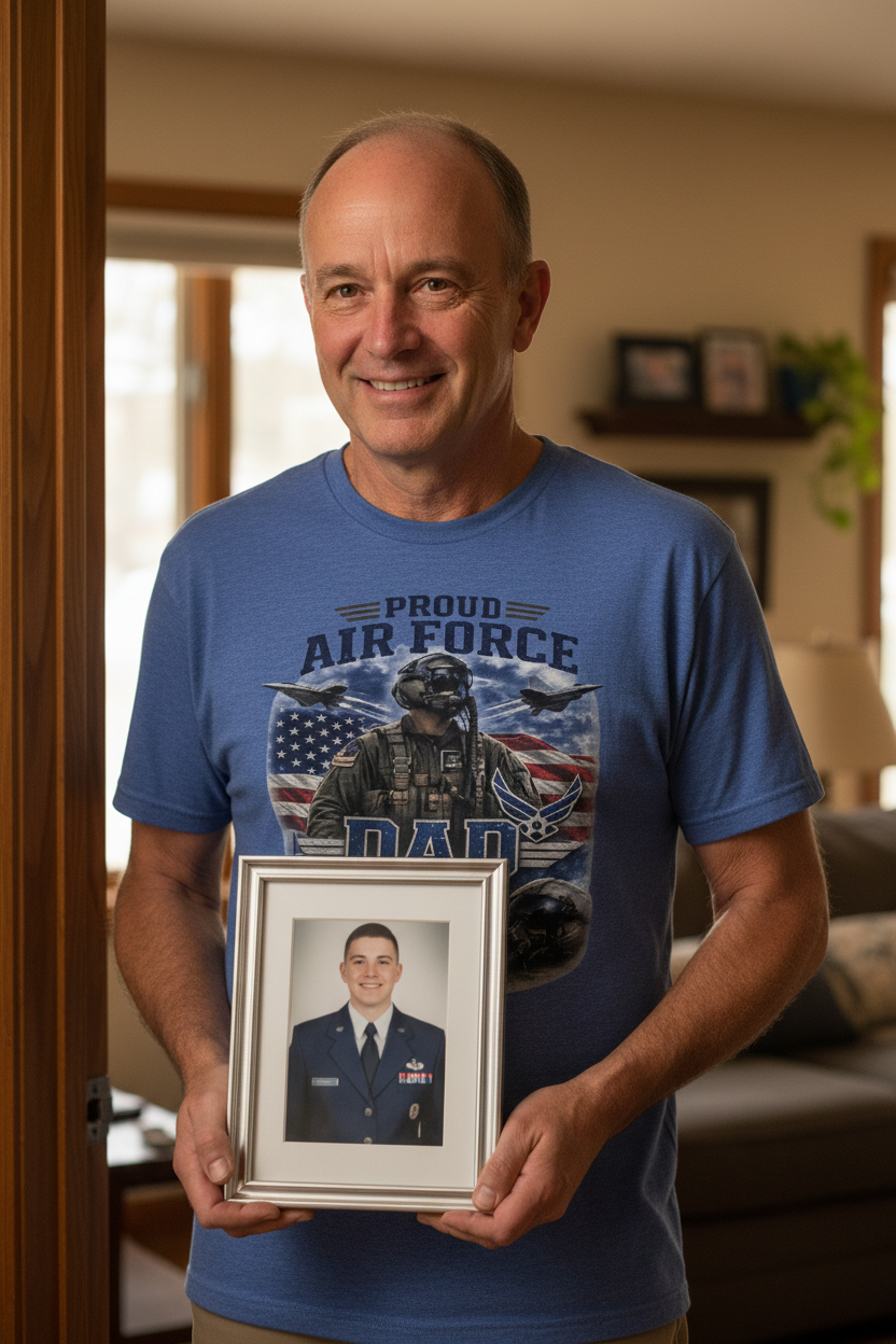 Proud Air Force Dad t-shirt blue - dad holding framed photo of child in uniform