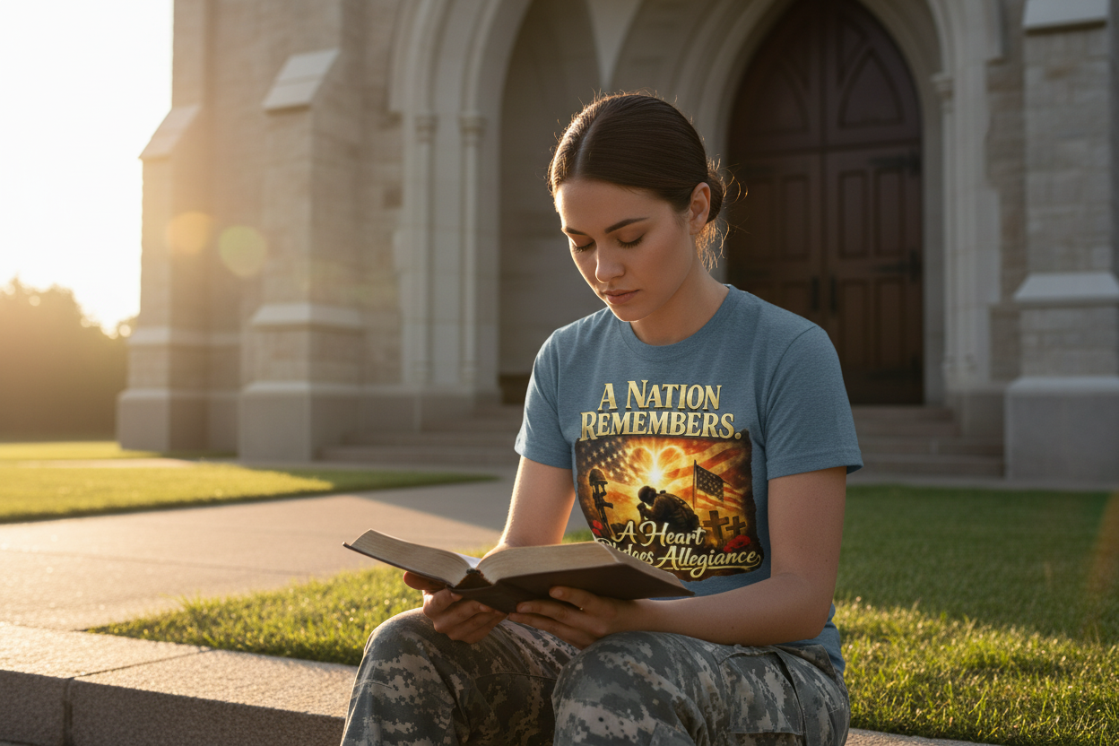 Female soldier praying at military chapel wearing Memorial Day t-shirt