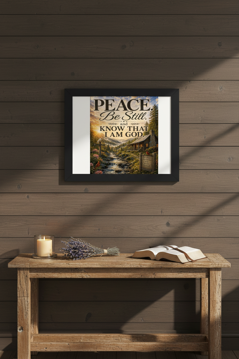 Peace Be Still framed scripture wall art displayed above a rustic farmhouse console table with candles and open Bible