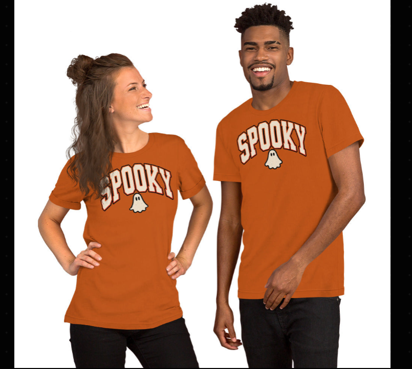 Two people wearing orange SPOOKY ghost graphic T-shirts, front view