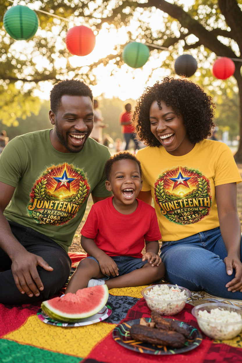 Black family wearing Juneteenth Texas tees at a Juneteenth park picnic celebration
