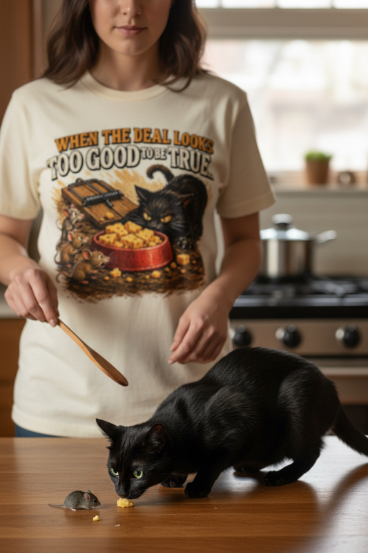 Woman in cream graphic tee with black cat stalking mouse and cheese on kitchen floor