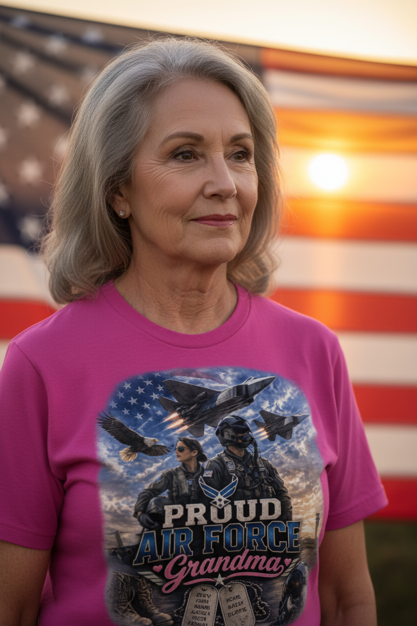 Proud Air Force Grandma in hot pink tee, golden hour outdoor lifestyle photo