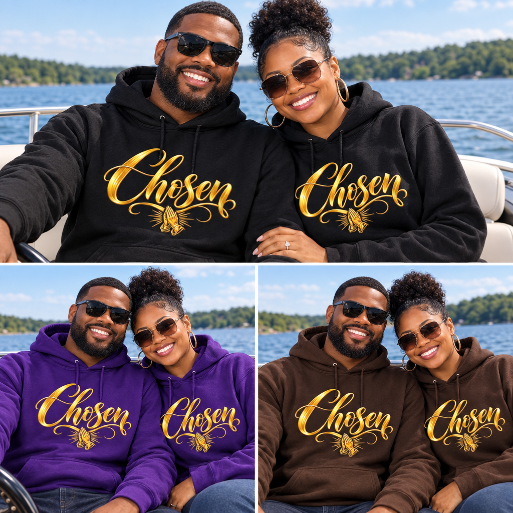 Husband and wife on a boat ride wearing Chosen hoodies