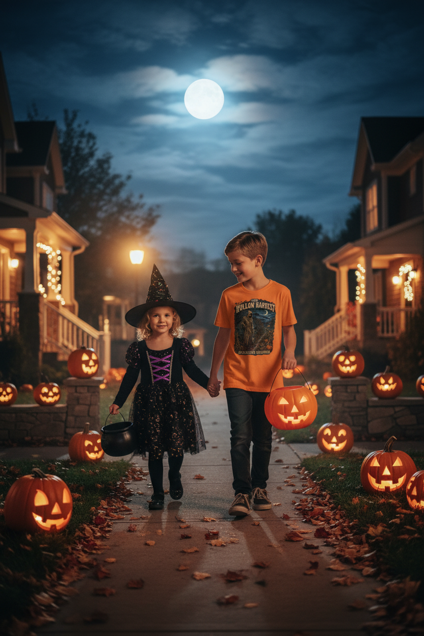 Kids trick-or-treating wearing The Hollow Harvest Appalachian Halloween t-shirt