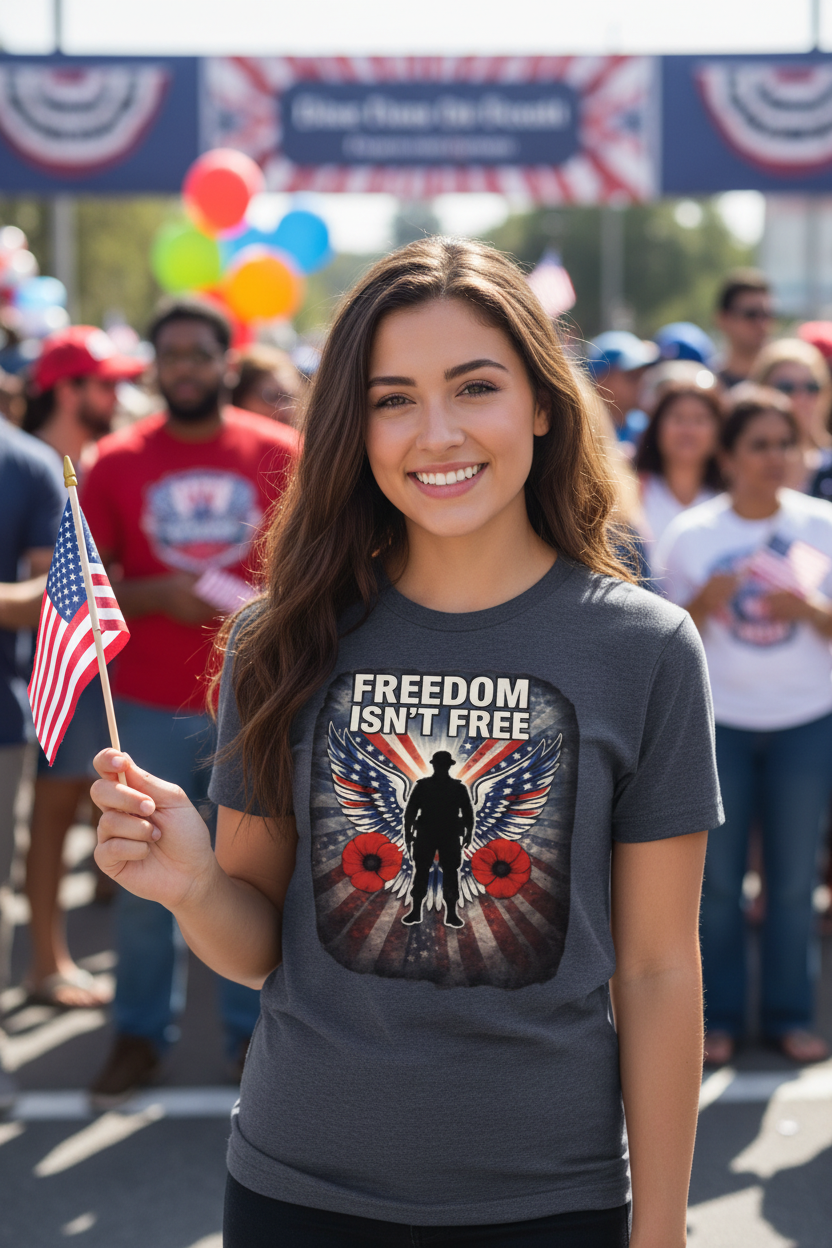 Young woman wearing Freedom Isn't Free patriotic t-shirt at outdoor patriotic event