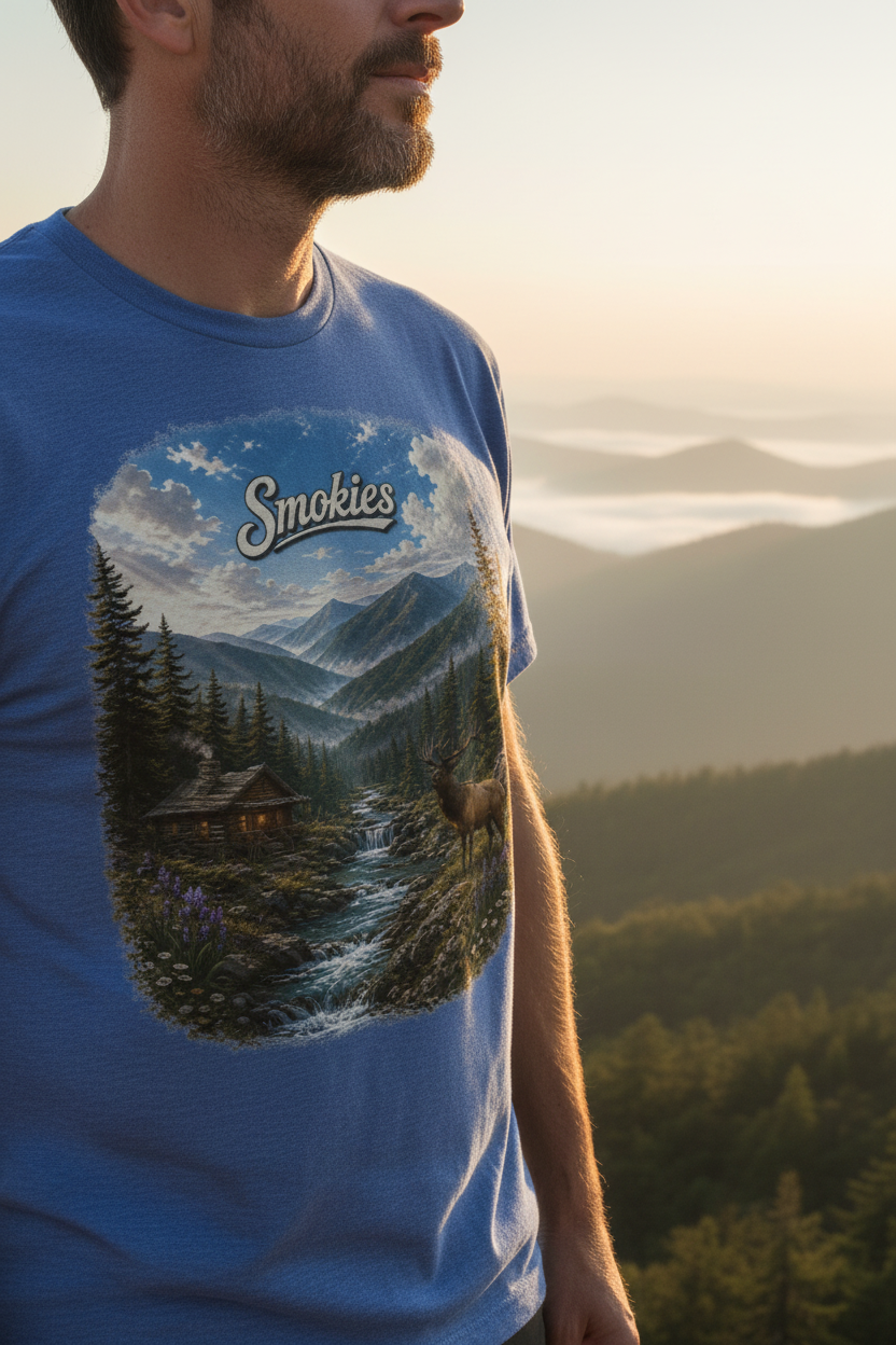 Rugged outdoorsman wearing Smokies blue tee at misty Smoky Mountain sunrise overlook