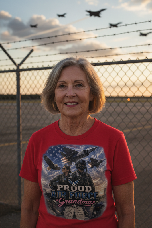Proud Air Force Grandma in red tee near airfield, cinematic lifestyle photo