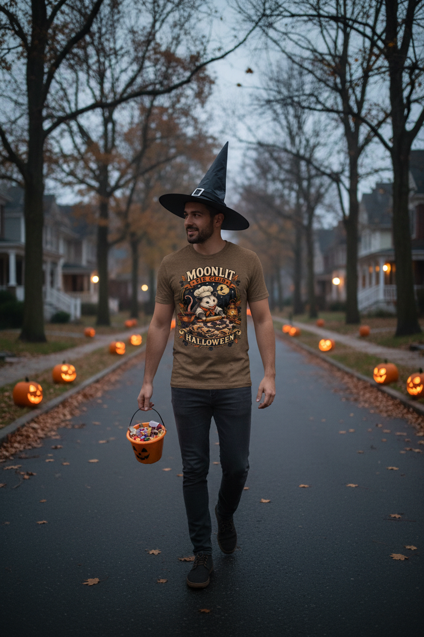 Man on spooky Halloween street wearing Moonlit Pie Club opossum chef t-shirt in brown heather