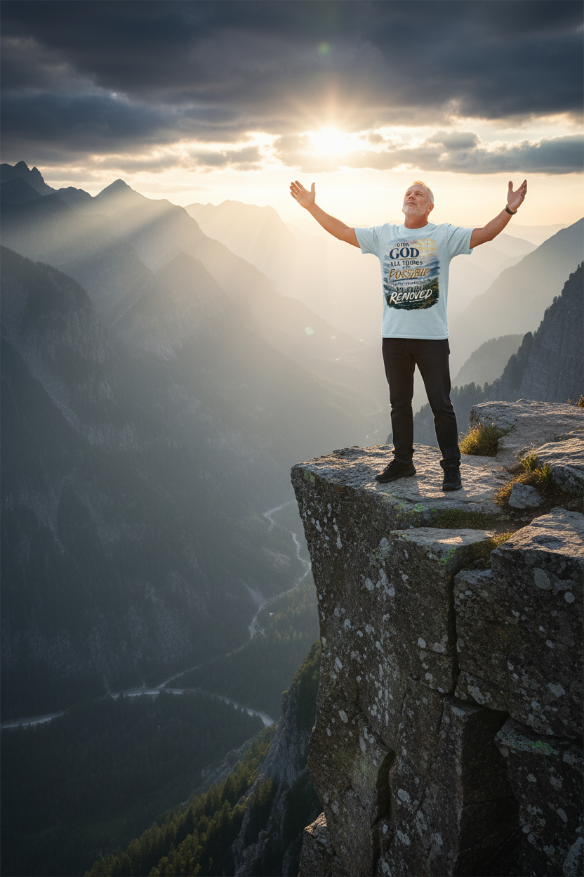 Pastor with arms raised on cliff edge wearing ice blue faith tee