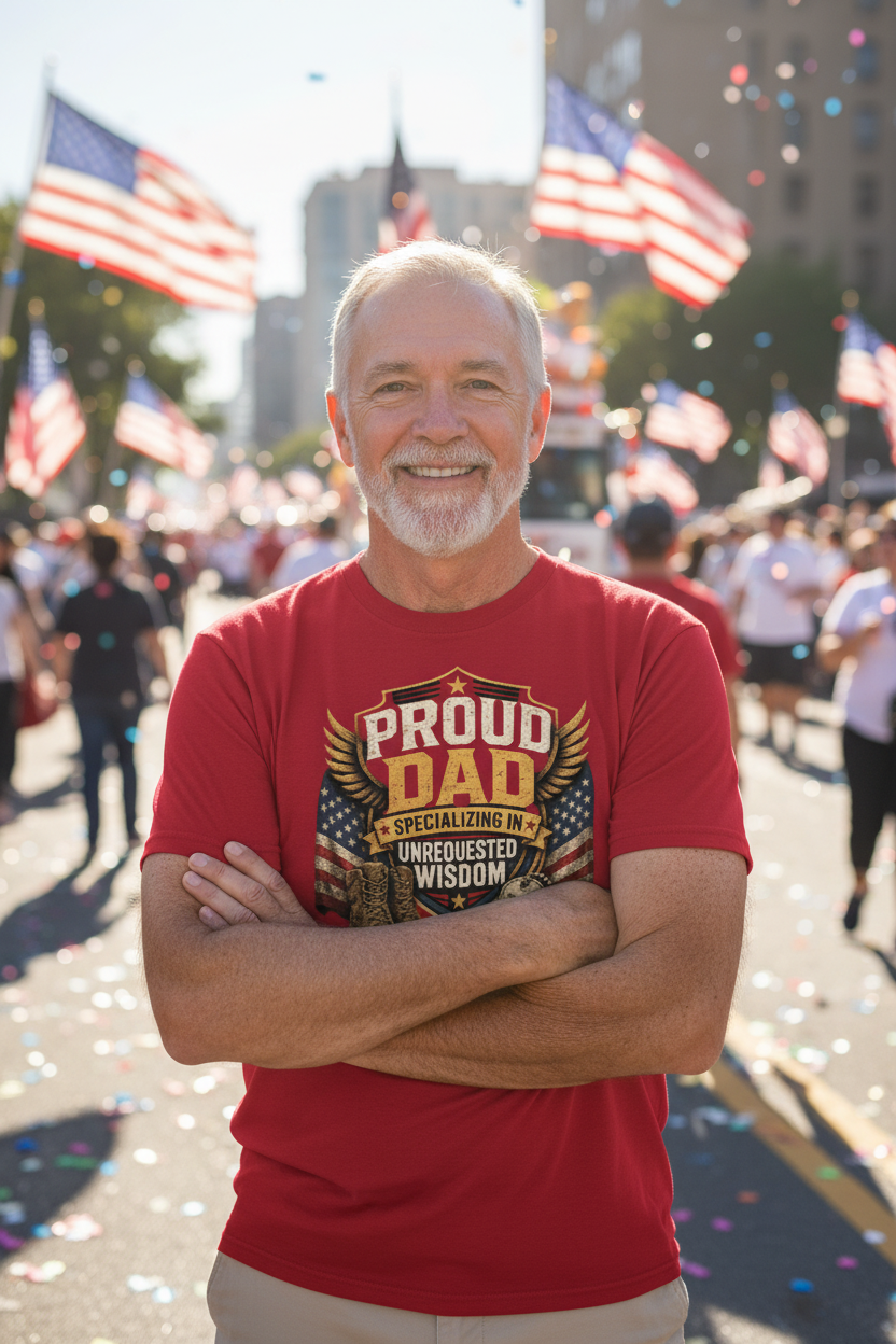 Veteran dad at Memorial Day parade wearing Proud Dad military t-shirt lifestyle photo