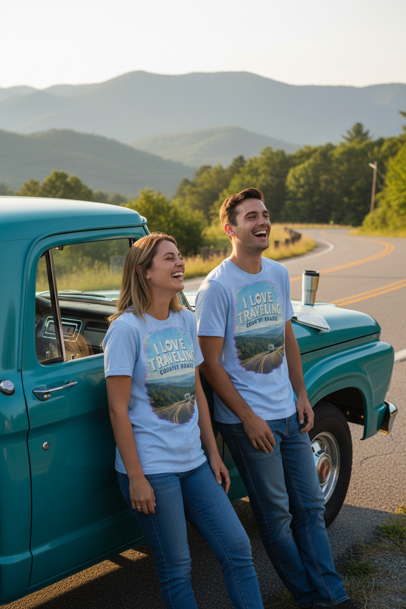 Two friends wearing I Love Traveling Country Roads t-shirts leaning on vintage pickup truck on WV country road