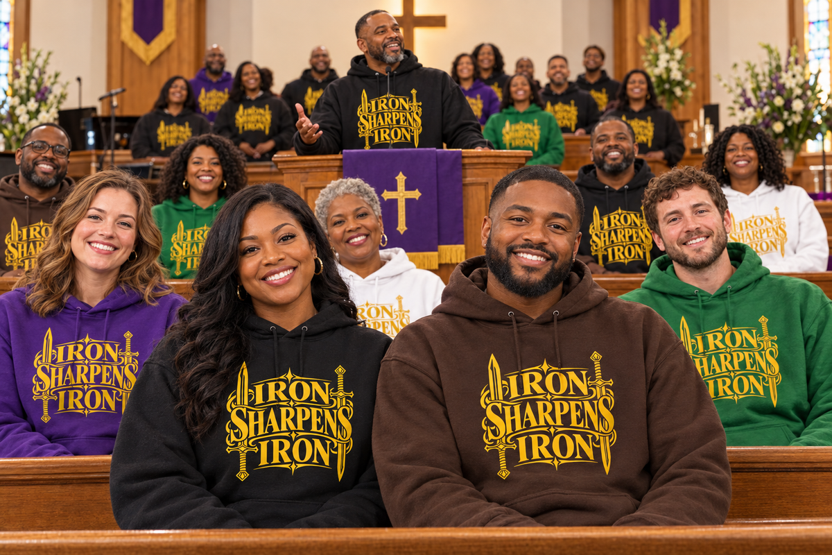 Women and men wearing Iron Sharpens Iron hoodies in a church congregation, with a pastor at the pulpit and choir behind him