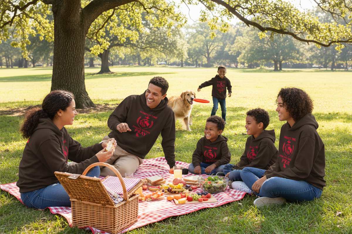 Family in matching Kingdom Builders Pray hoodies enjoying an outdoor picnic