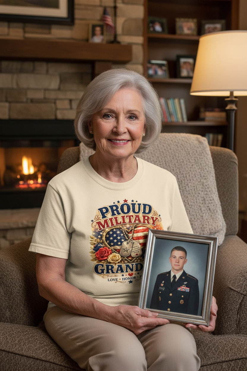 Proud Military Grandma wearing natural cream t-shirt in cozy living room holding military photo