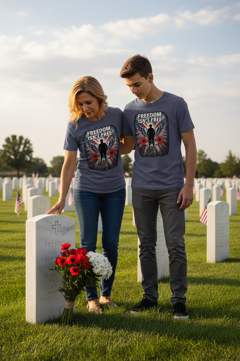 Mother and son wearing Freedom Isn't Free patriotic t-shirts at military cemetery