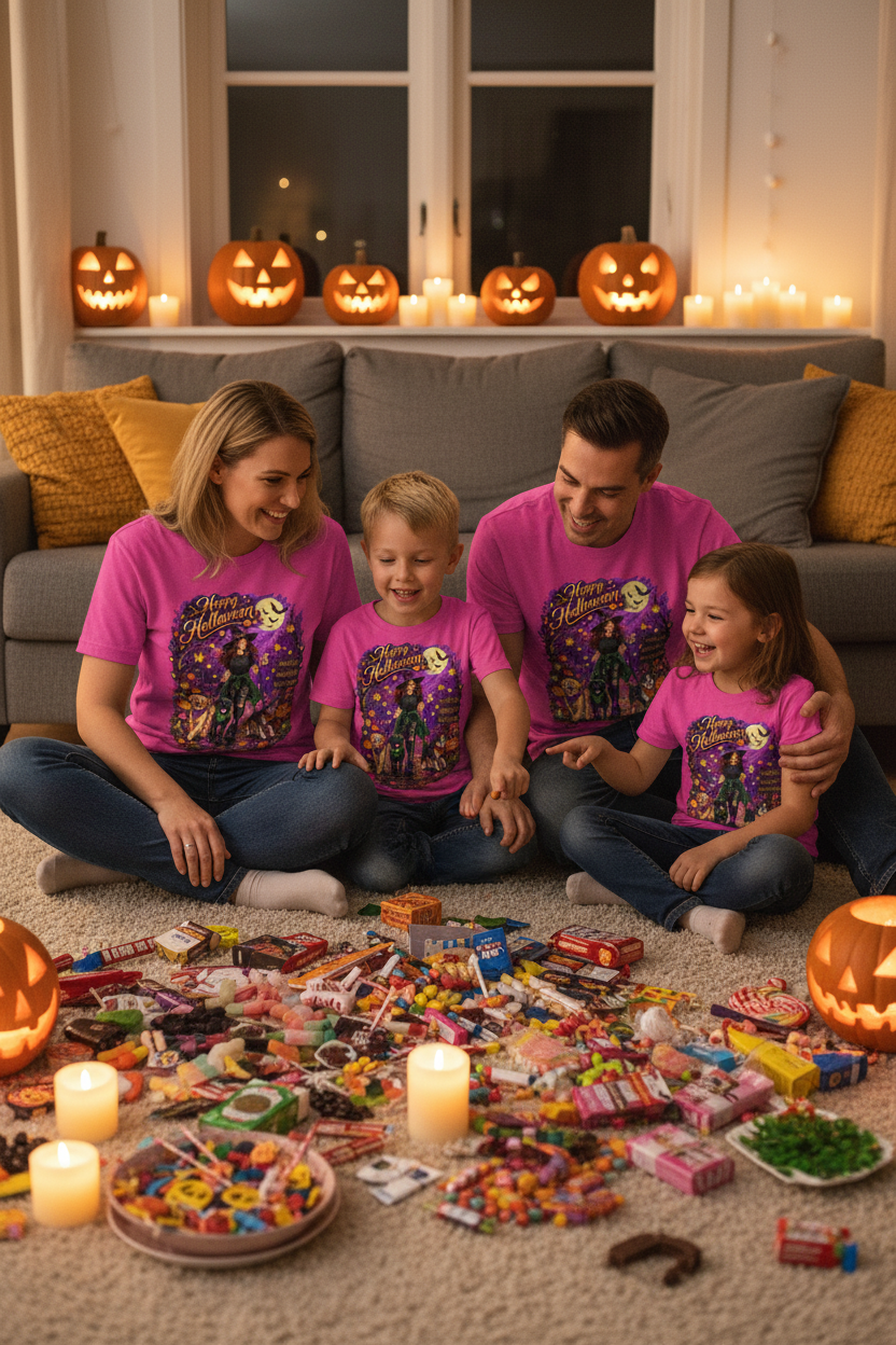 Family wearing matching Halloween witch and dogs t-shirts sitting at home sorting Halloween candy together