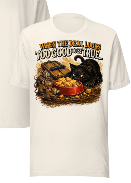 When The Deal Looks Too Good To Be True… | Funny Cat & Mouse Graphic Tee