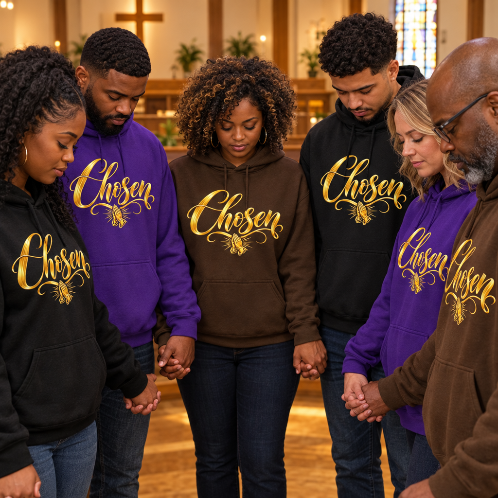 Men and women with heads bowed in prayer wearing Chosen hoodies