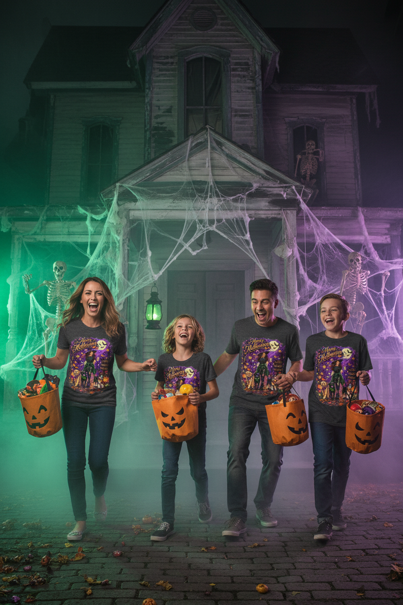 Family wearing matching Halloween witch and dogs t-shirts coming out of a haunted house laughing