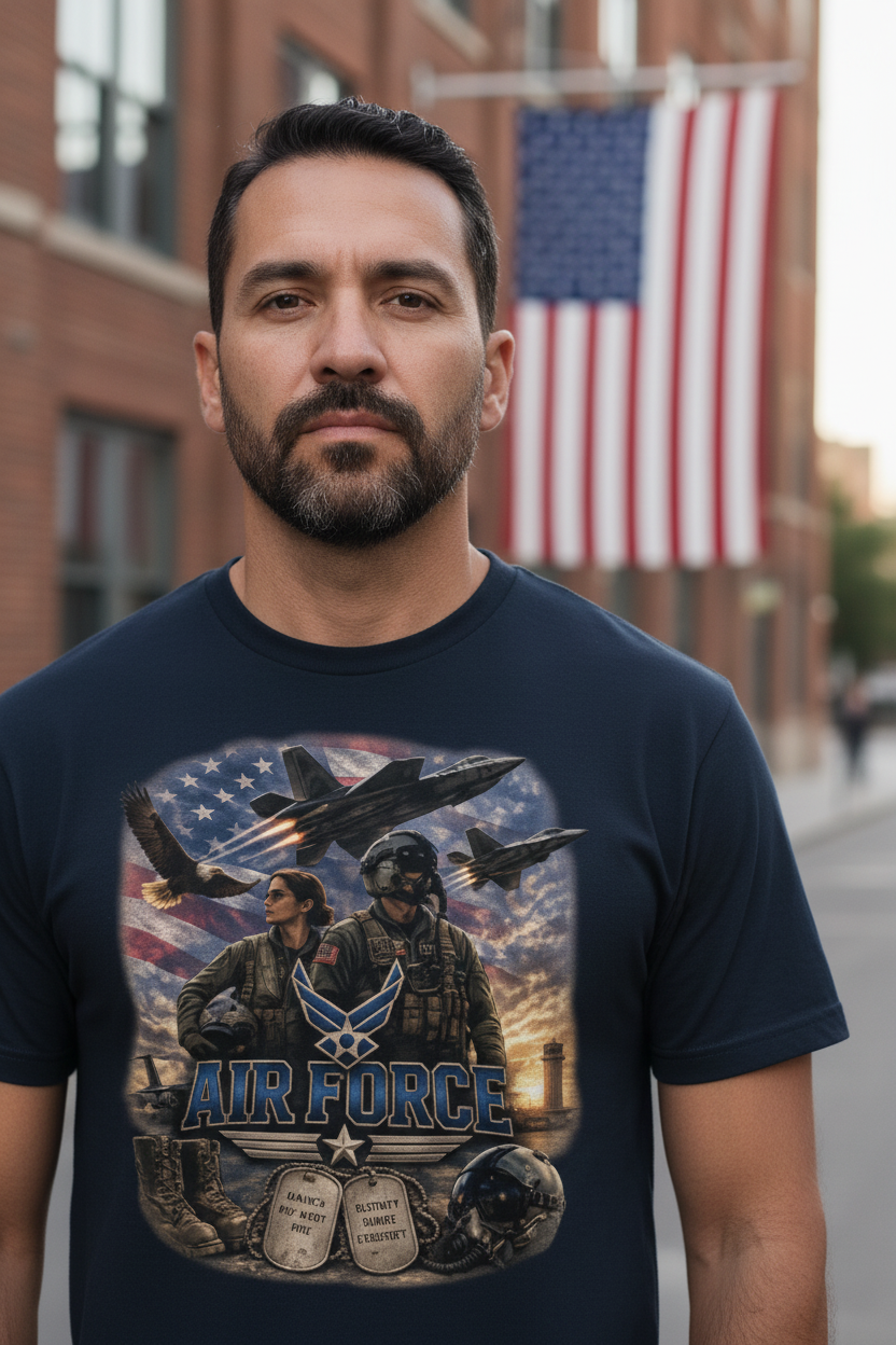 Male veteran wearing navy Air Force graphic t-shirt