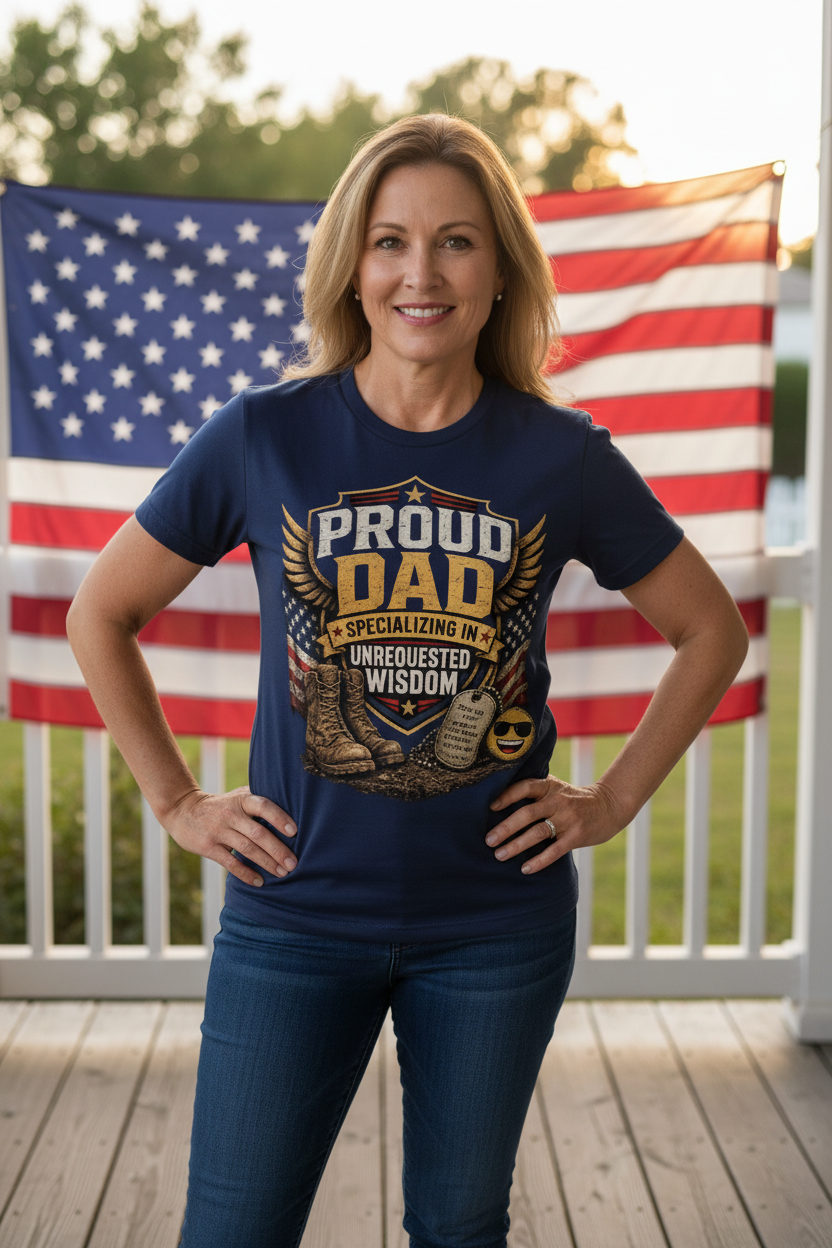 Woman wearing Proud Dad military t-shirt on front porch with American flag lifestyle photo