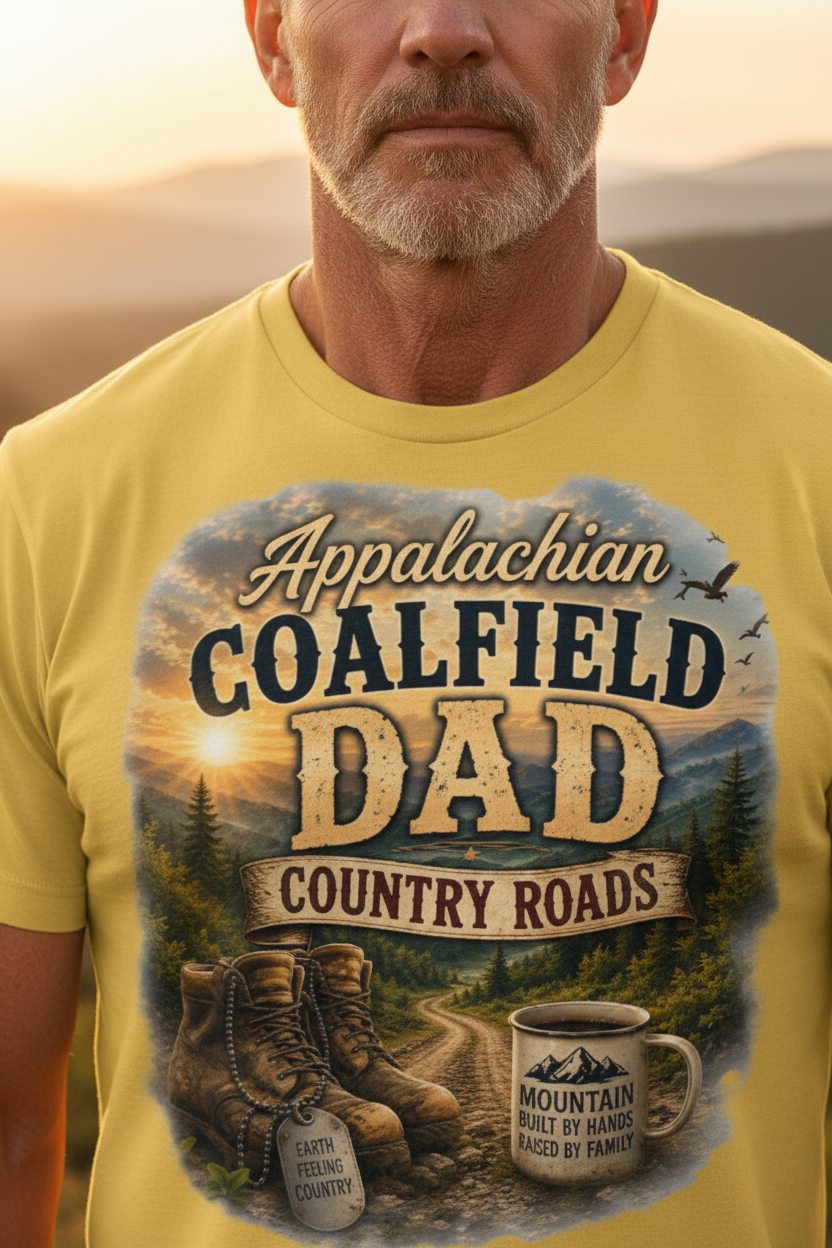 Close-up of Appalachian Coalfield Dad Country Roads shirt showing mountain mug and hiking boots