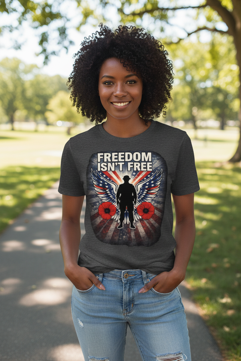 Confident woman wearing Freedom Isn't Free patriotic t-shirt at park