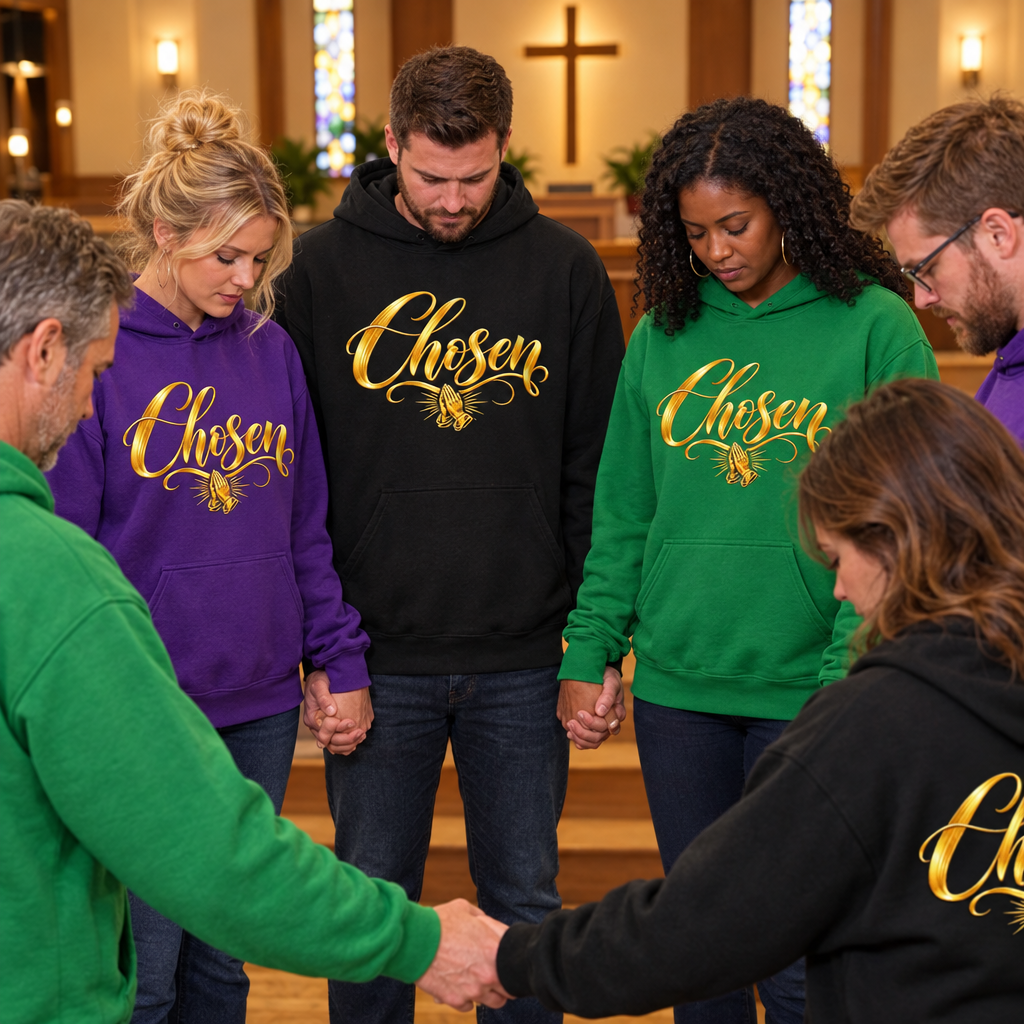 Men and women with heads bowed in prayer wearing Chosen hoodies