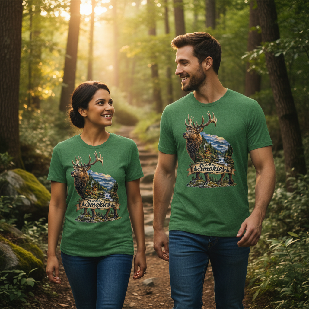 Man and woman wearing green Great Smoky Mountains elk T-shirts while walking a forest trail