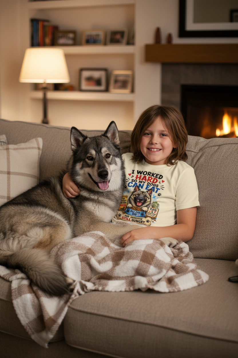 Kid snuggled on couch with Norwegian Elkhound lapdog wearing funny t-shirt