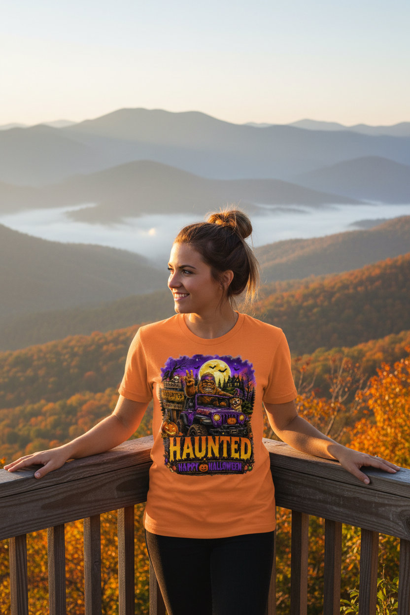 Woman wearing Haunted Bigfoot Halloween t-shirt at a scenic Appalachian mountain overlook in autumn