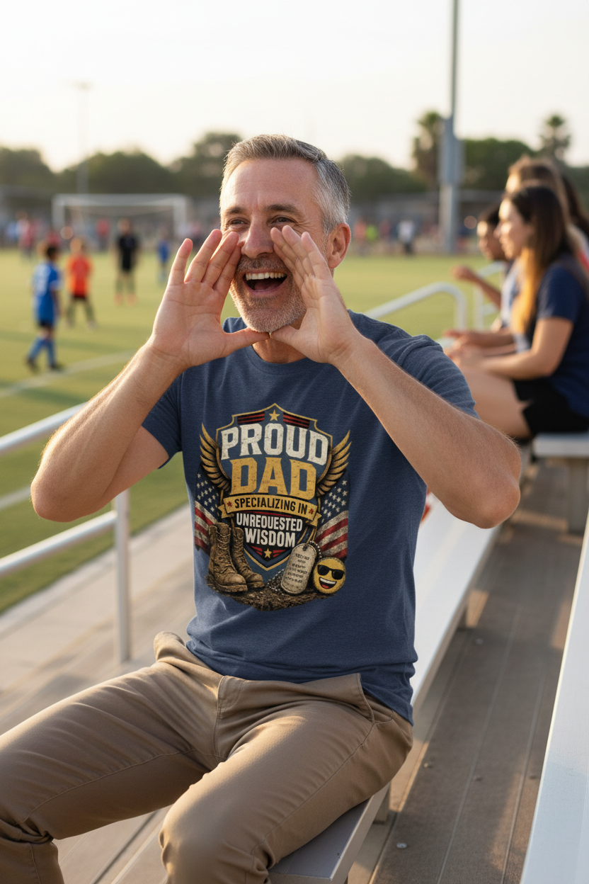 White dad at youth sports game wearing Proud Dad military t-shirt lifestyle photo