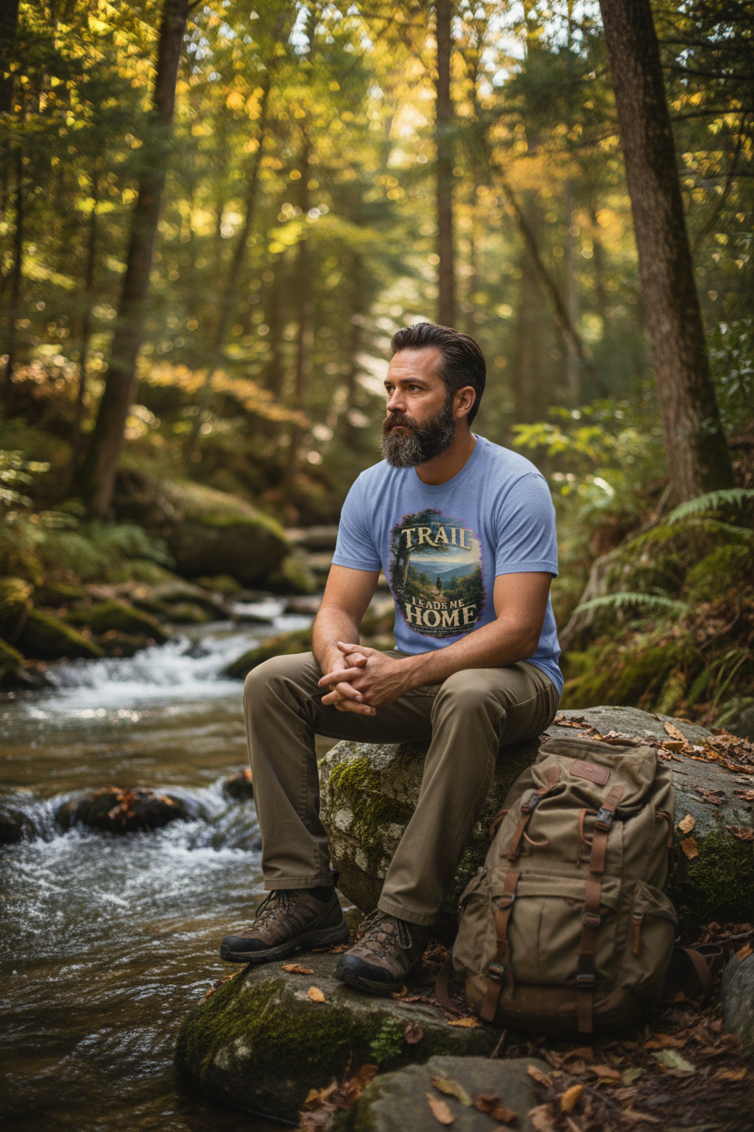 Man wearing Appalachian Miles Wild Heart t-shirt beside West Virginia mountain stream
