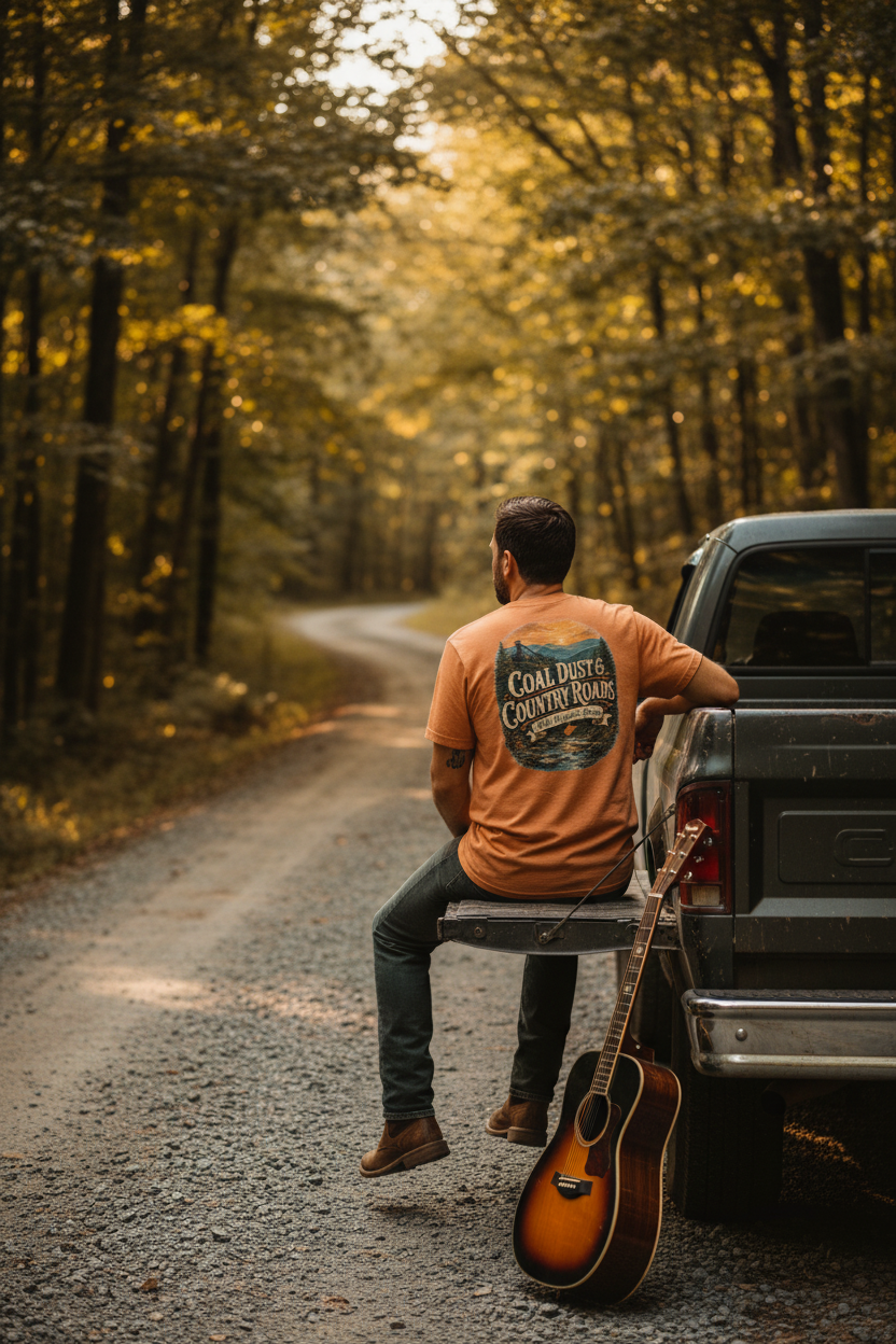 Man wearing Coal Dust & Country Roads WV t-shirt sitting on pickup tailgate on Appalachian gravel road