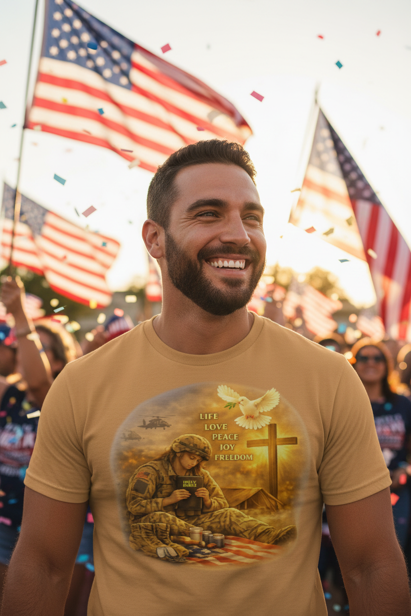 Dad wearing Life Love Peace Joy Freedom veteran t-shirt at 4th of July parade lifestyle mockup