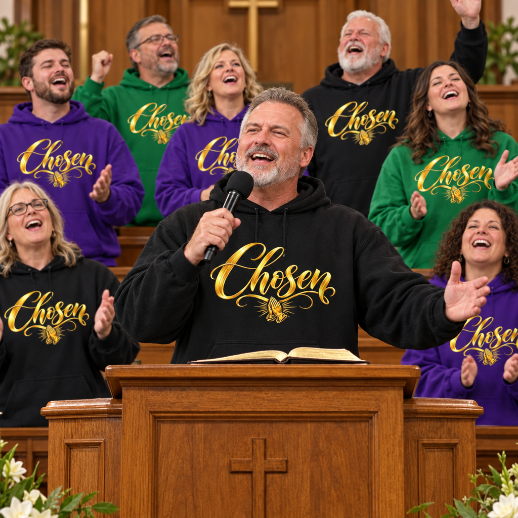 Pastor at pulpit and choir singing wearing Chosen gold script hoodies