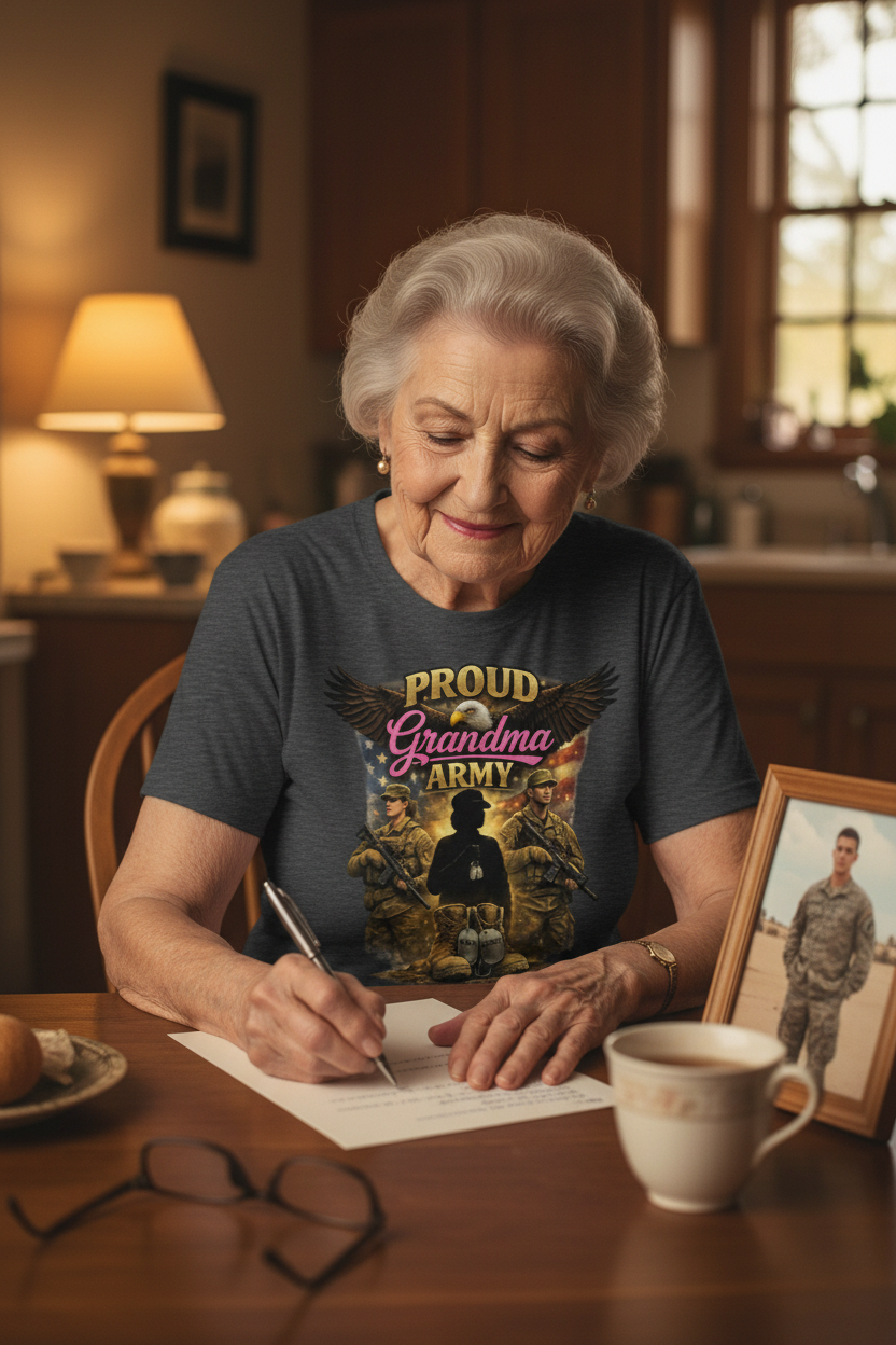 Grandma writing letter in dark heather Army grandma shirt