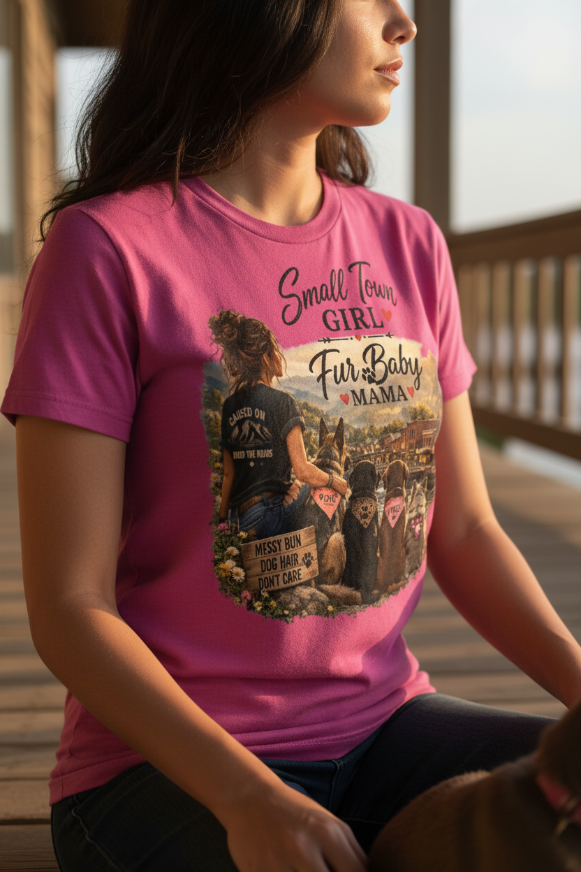 Woman wearing berry t-shirt with Fur Baby Mama graphic on rustic porch with dogs