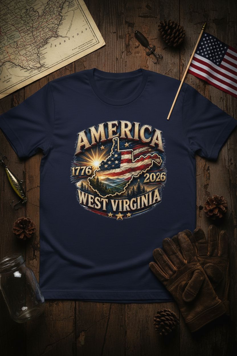 America 1776-2026 West Virginia navy t-shirt flat lay on dark wood with patriotic heritage props