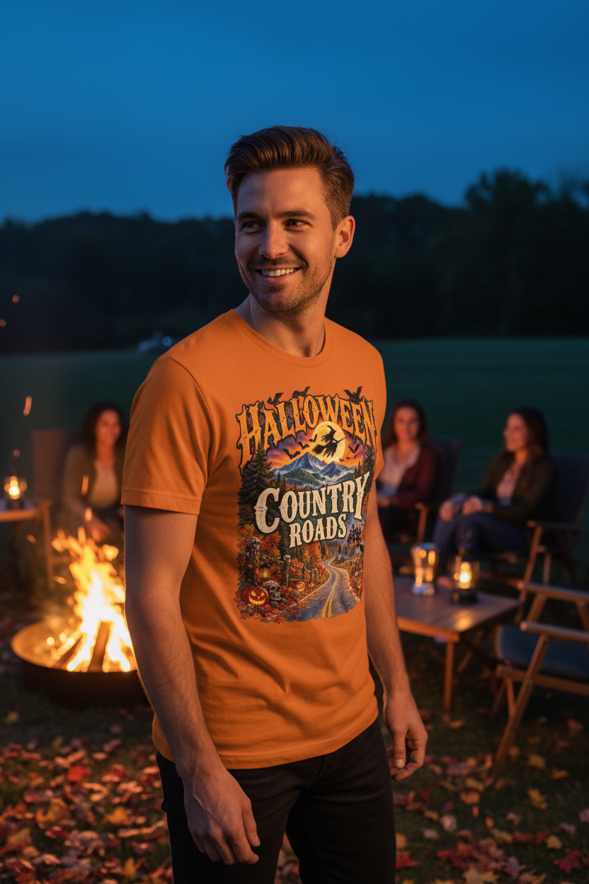 Traveler wearing an orange Halloween Country Roads T-shirt beside an Appalachian bonfire