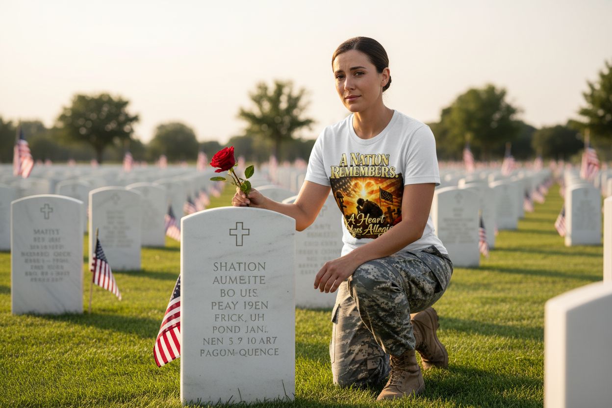 Female soldier placing rose on military grave wearing Memorial Day t-shirt