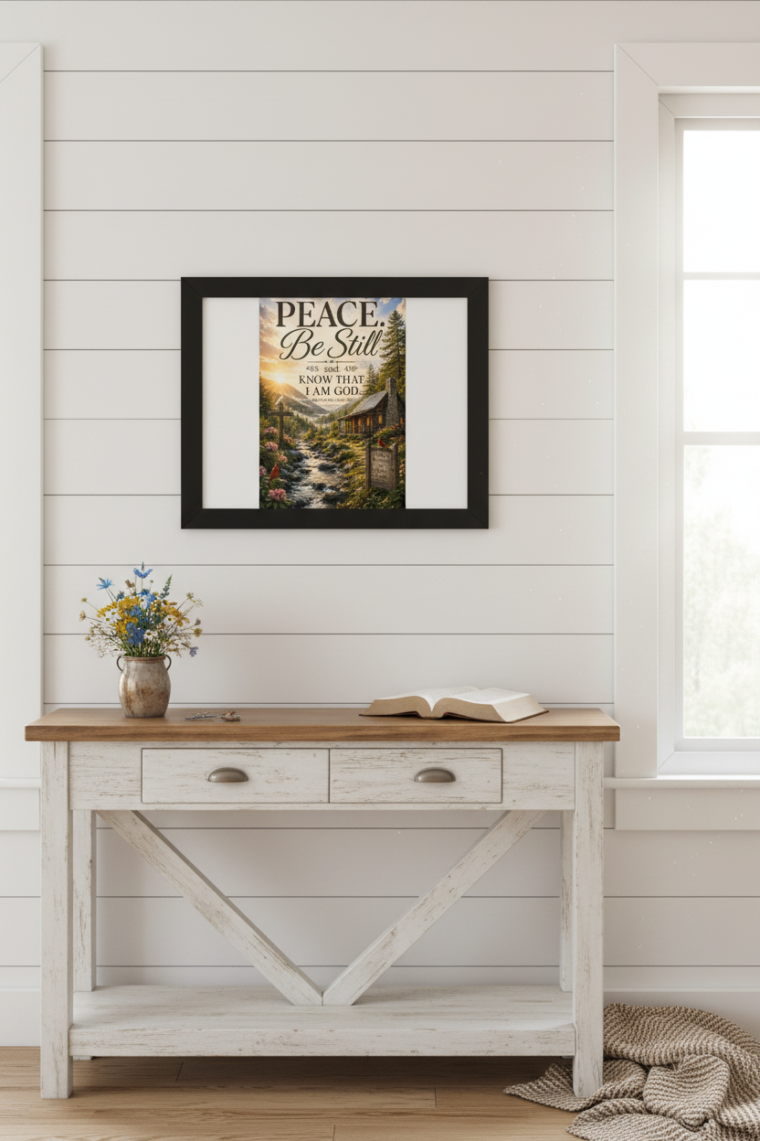 Peace Be Still framed wall art above a farmhouse console table with Bible