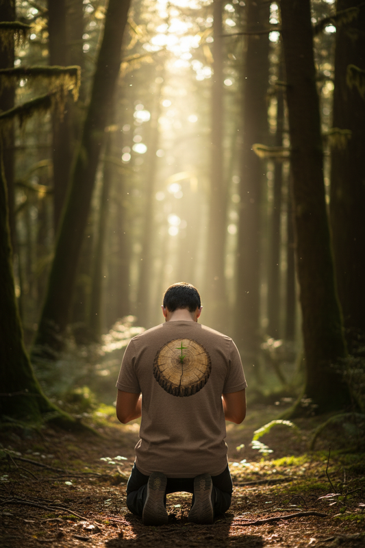 Man kneeling in prayer in forest with light rays wearing faith t-shirt showing Job 14:7 tree stump design on back