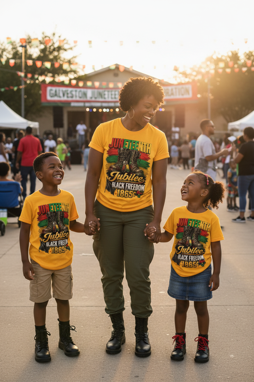 Black military mother and children wearing gold Juneteenth Jubilee 1865 t-shirts at church celebration
