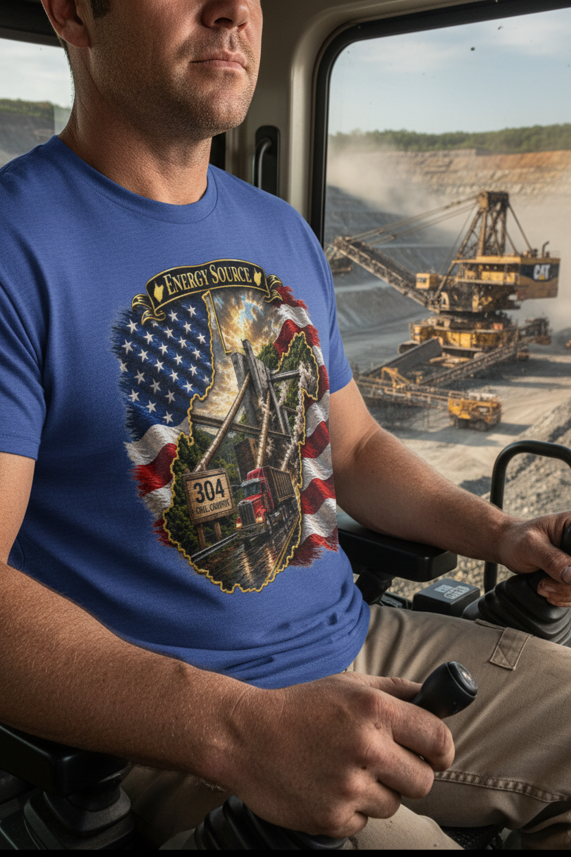 Close-up of Energy Source WV t-shirt worn by excavator operator at strip mine