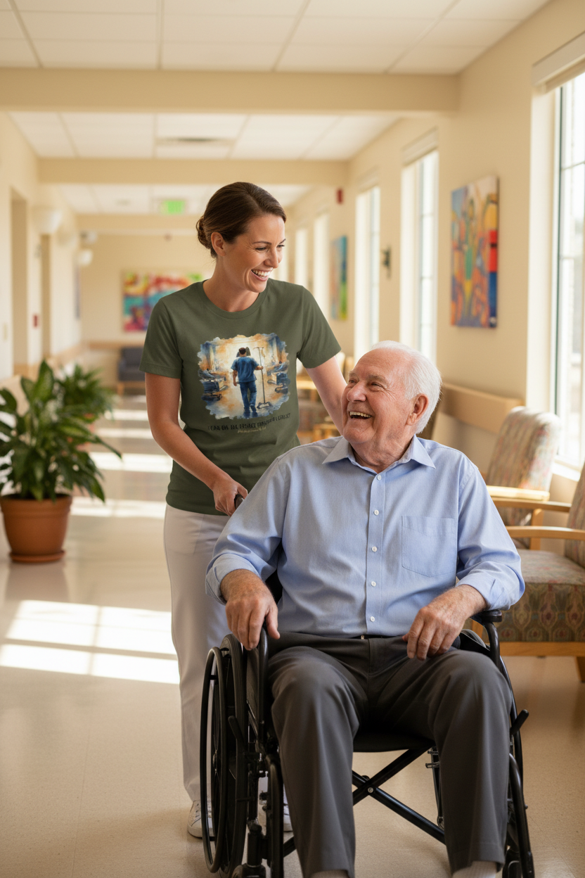 White female nurse wearing military green faith tee pushing elderly man in wheelchair