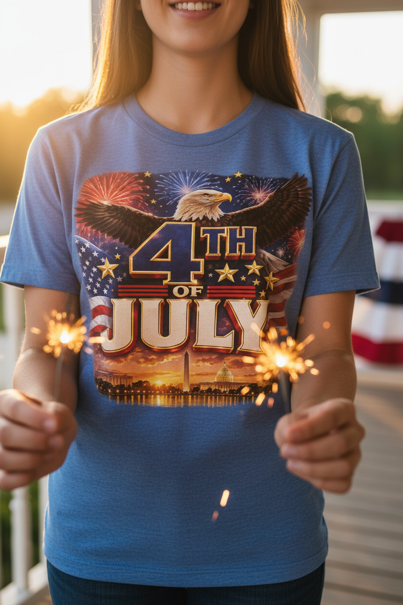 Woman wearing 4th of July eagle fireworks t-shirt at outdoor celebration with sparklers