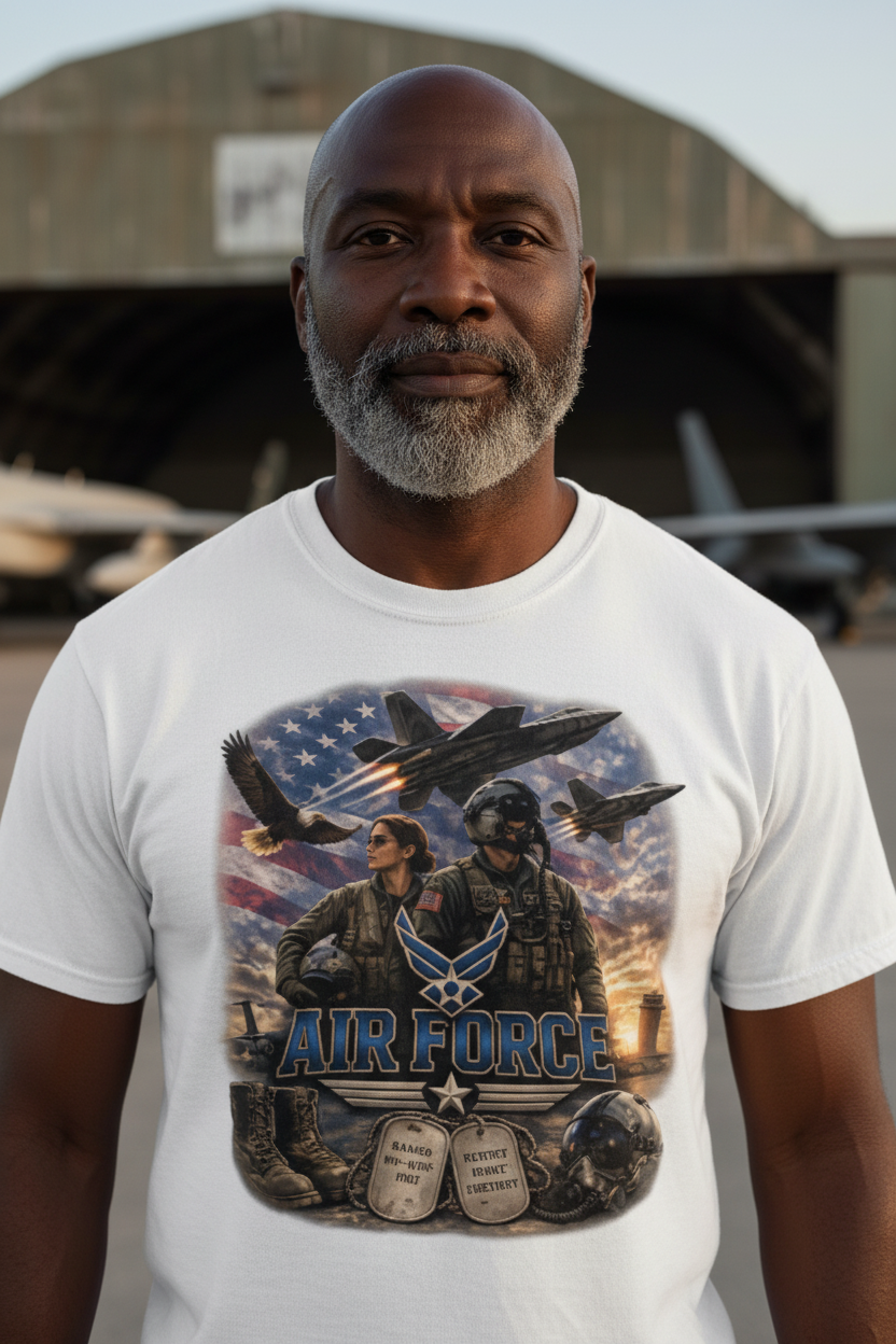 Black male veteran wearing vintage white Air Force graphic t-shirt